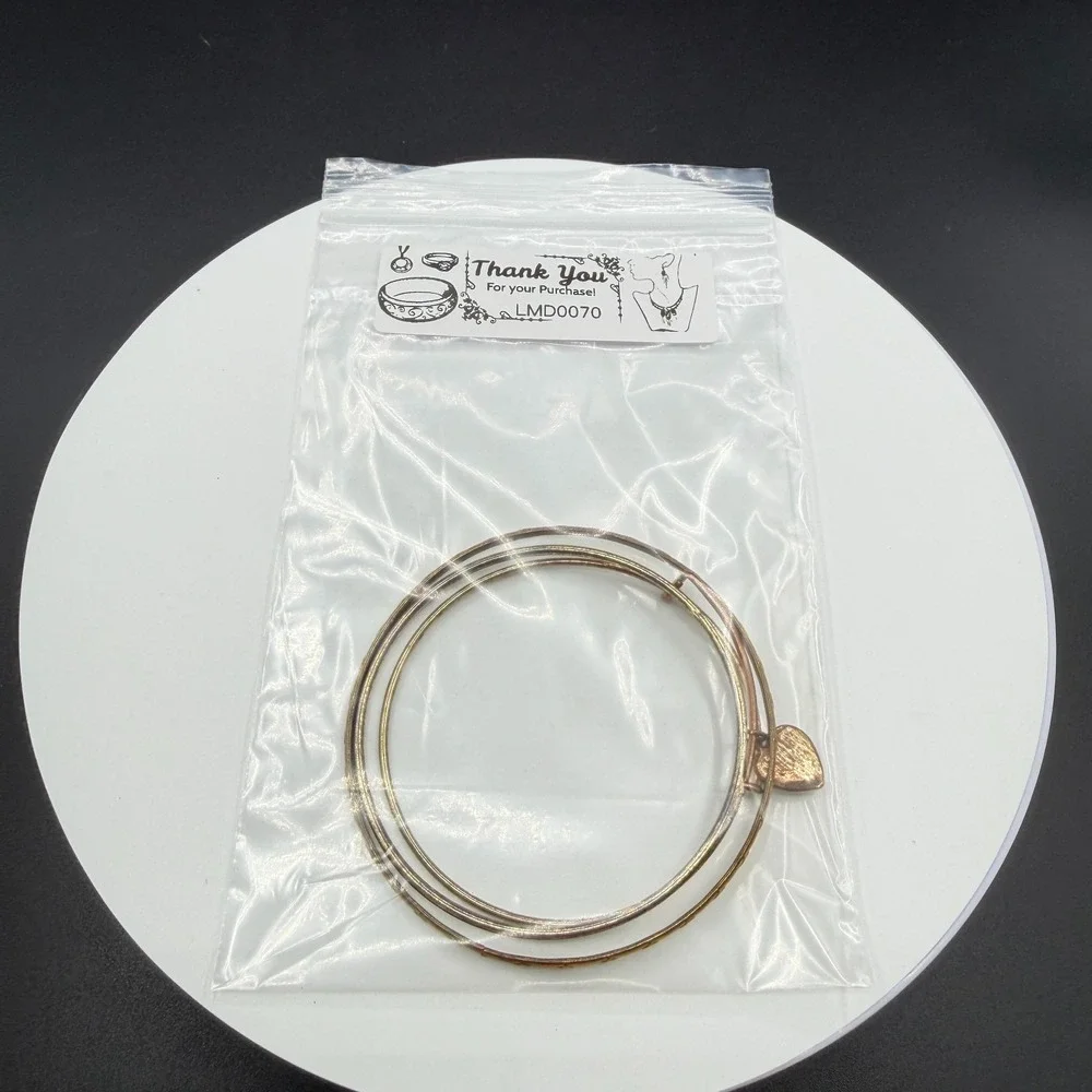 Mixed Metal Bangle Bracelet Set Clear Faceted Heart Charm Stackable Jewelry